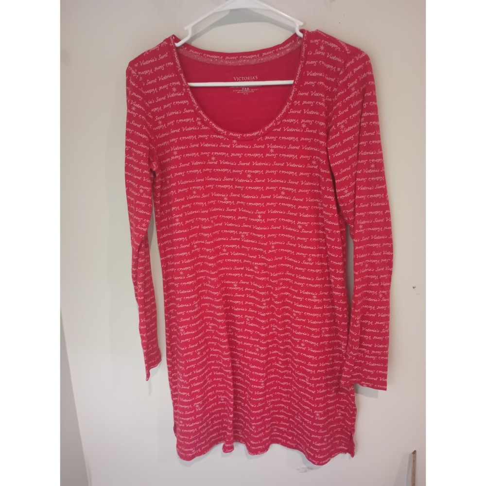 Victoria's Secret Sleep Shirt Dress Medium Red Script Logo Snowflake Long Sleeve